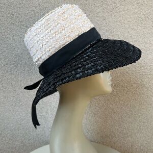 Vintage 70s boater brim black cream straw cello hat  ribbon 21” John Hogan